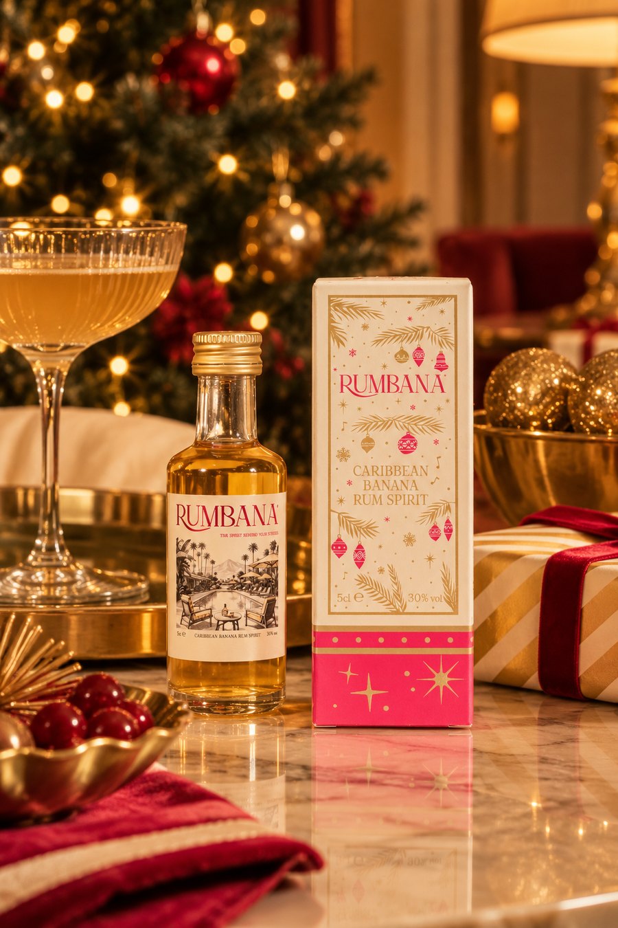 Rumbana Festive Edition miniature beside its gift box, with a coupe and a Christmas tree behind