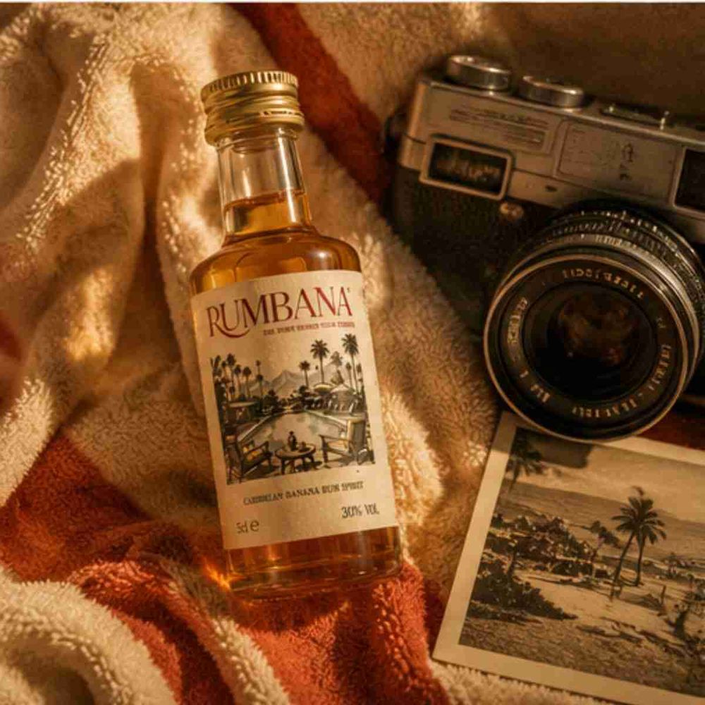 Rumbana Mini 5cl bottle on a beach towel with a vintage camera