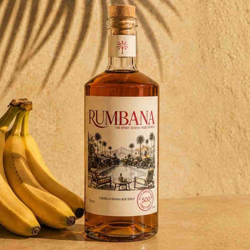Rumbana Original 70cl bottle beside a bunch of bananas