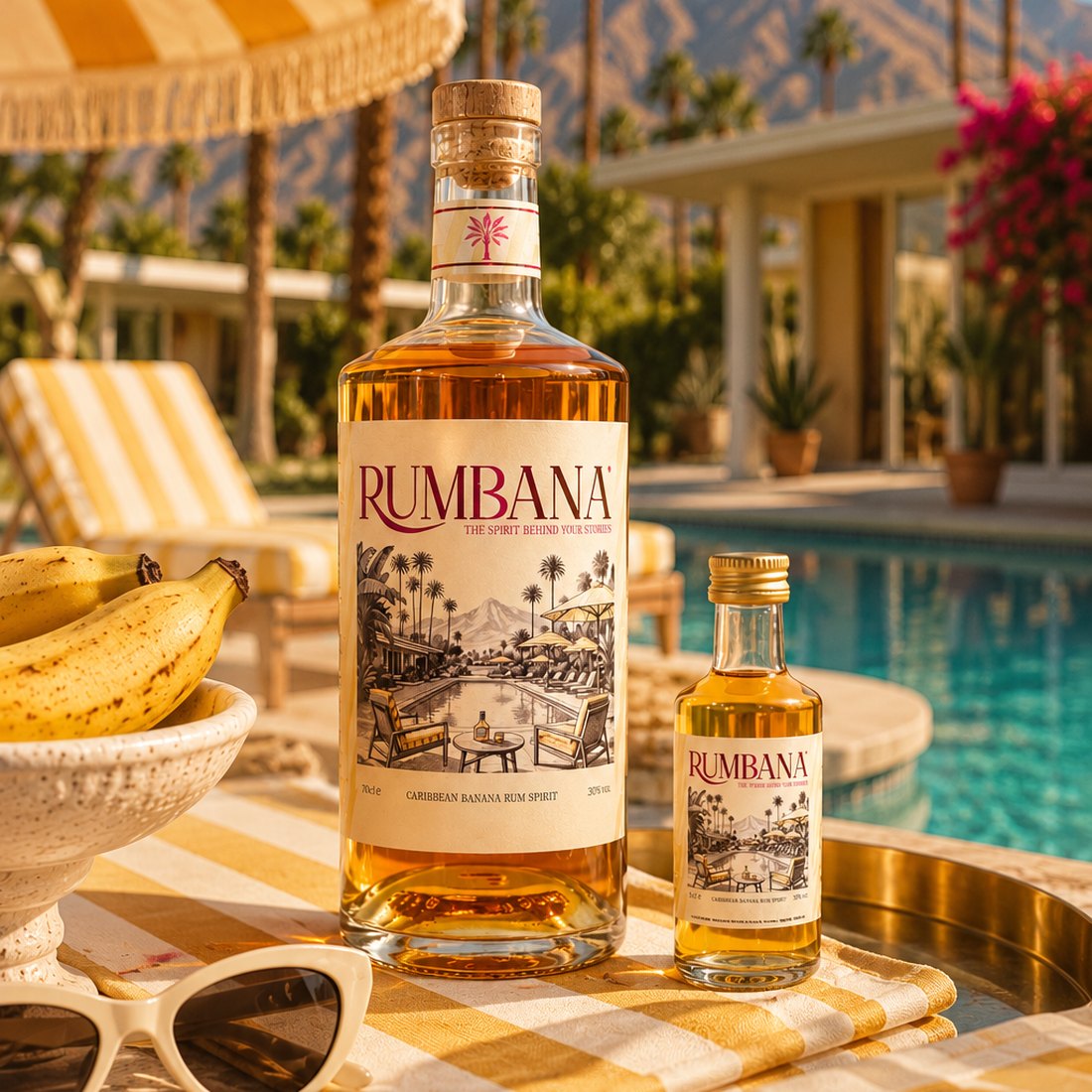 Rumbana Original and Mini by a Palm Springs pool with a striped parasol, bananas and cat-eye sunglasses